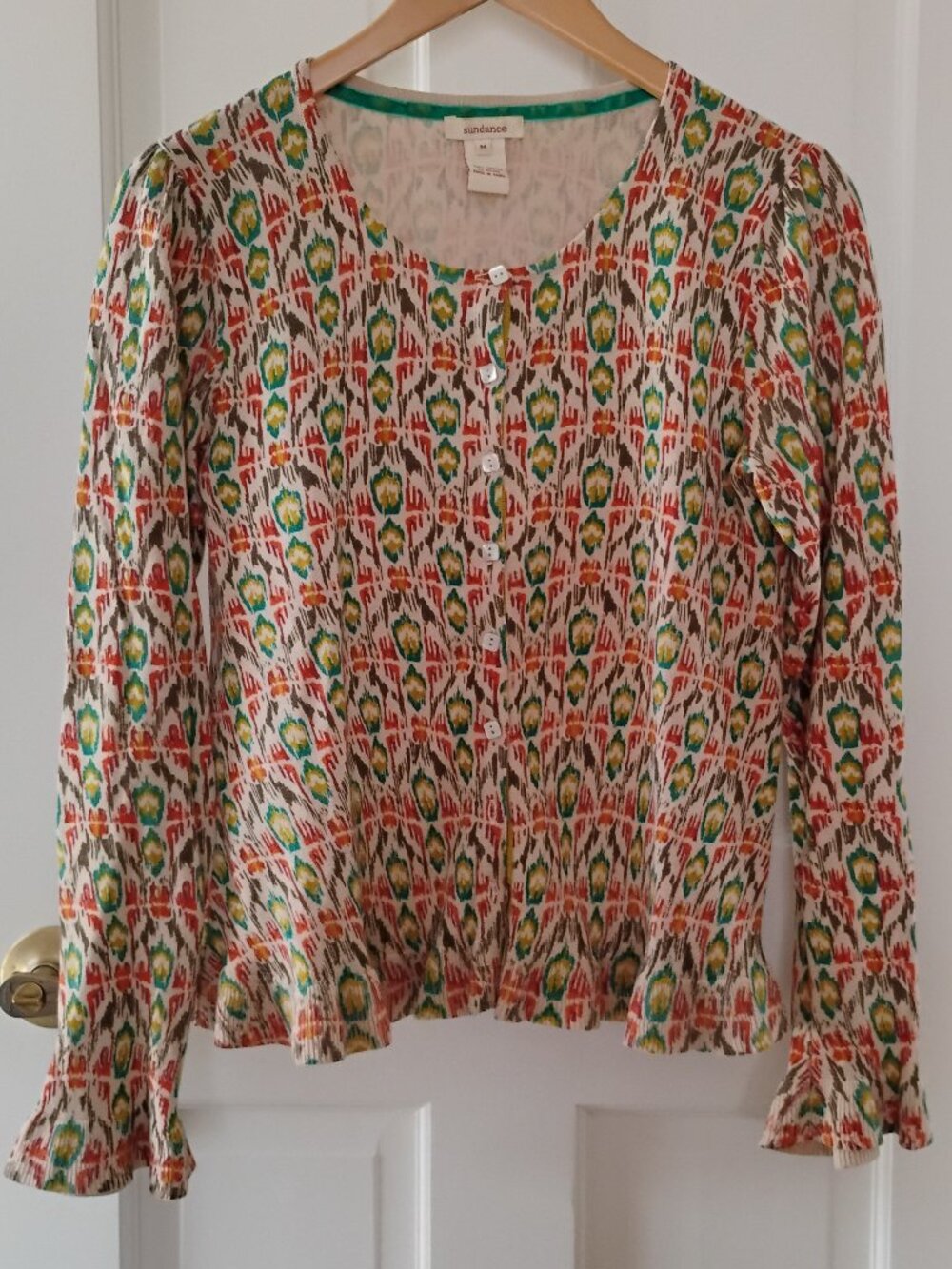 Sundance Ikat 100% Cotton Lettuce Edge Cardigan Sweater Size M